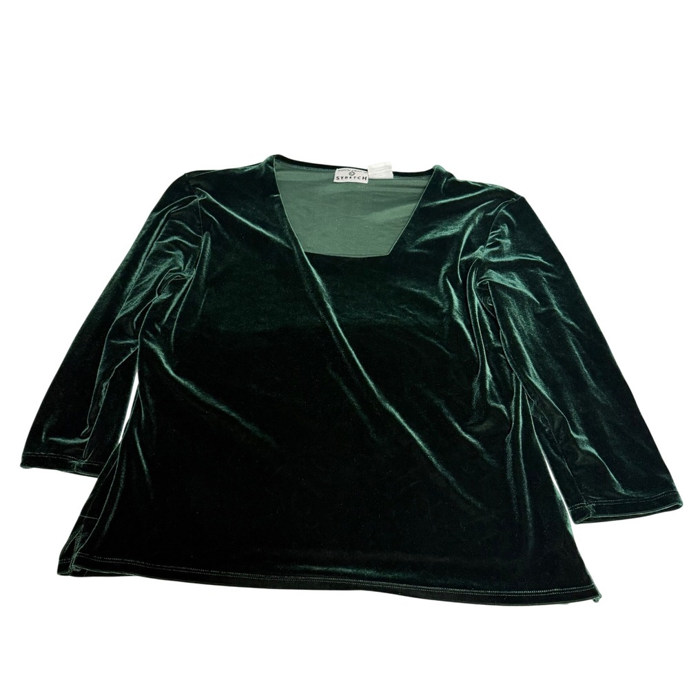 Vintage Kathy Ireland Stretch Velvet Top Emerald Green 3/4 Sleeve Square Neck L